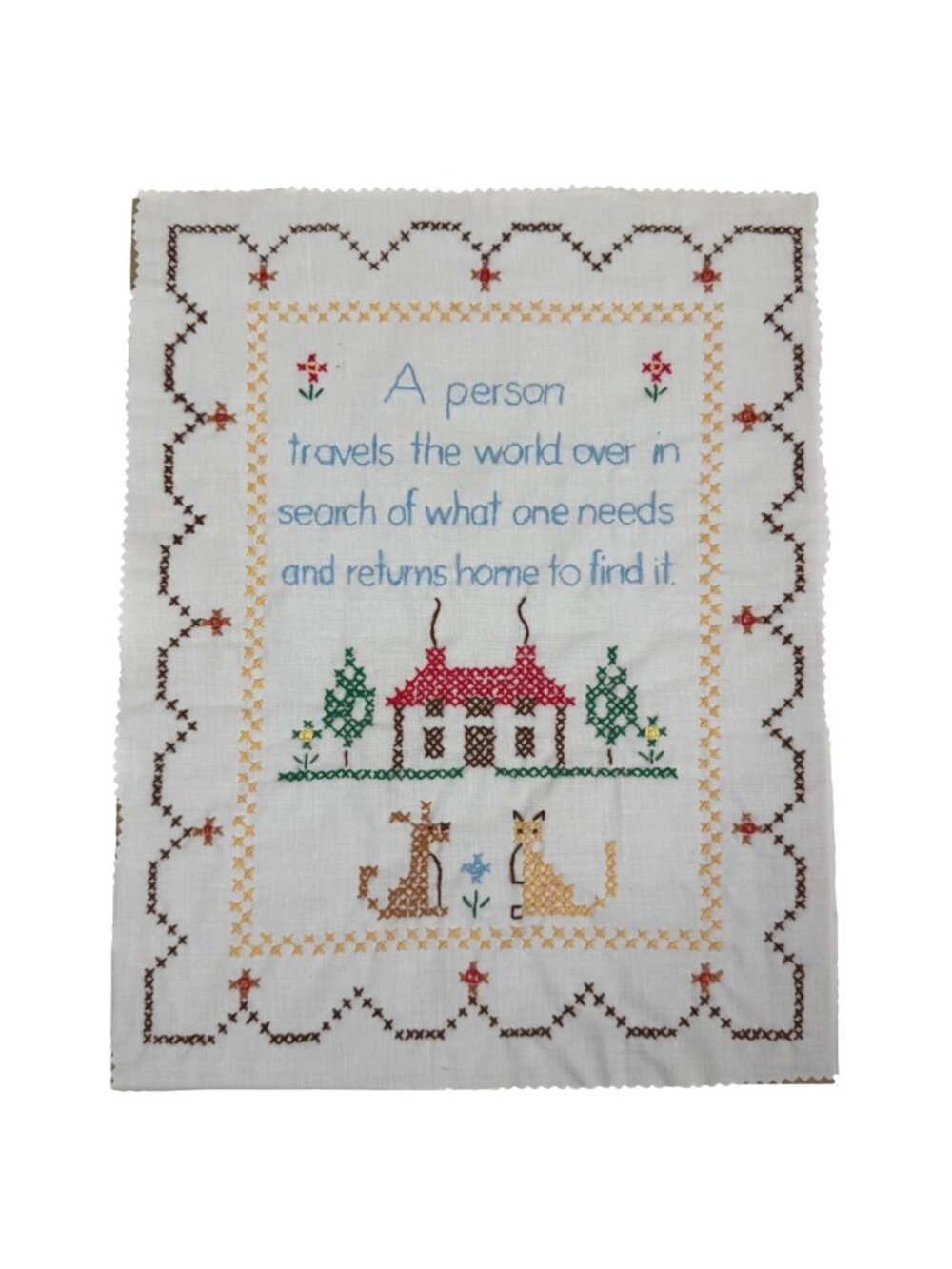 Vintage Hand-Stitched Embroidered Linen Wall Hanging A Person Travels EUC